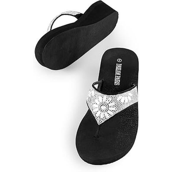 Dream Pairs Womens Size 7 Black Silver Rhinestone Platform Flip Flop Sandals - Picture 5 of 7